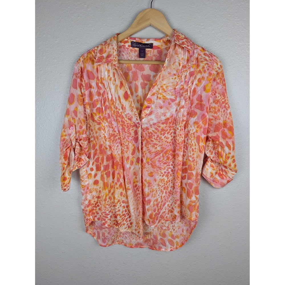 Gloria Vanderbilt Blouse Womens Small‎ Pink Orange 100% Modal Roll Tab Top